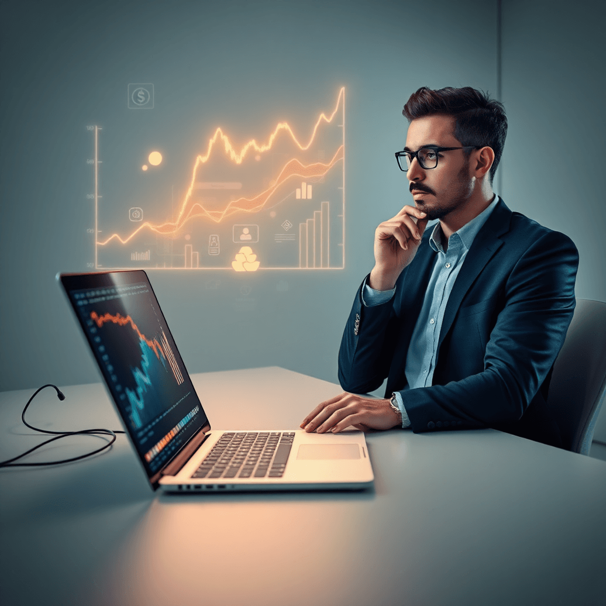 Modern workspace with laptop showing glowing data streams and entrepreneur reviewing holographic financial charts in a bright, professional setting.