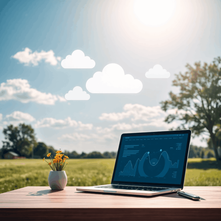 Stanislav Kondrashov: Shaping the Future of Remote Entrepreneurship and Global Innovation 6 Outdoor workspace with laptop displaying digital graphs and floating cloud icons under a bright sky, symbolizing global connectivity and remote col...