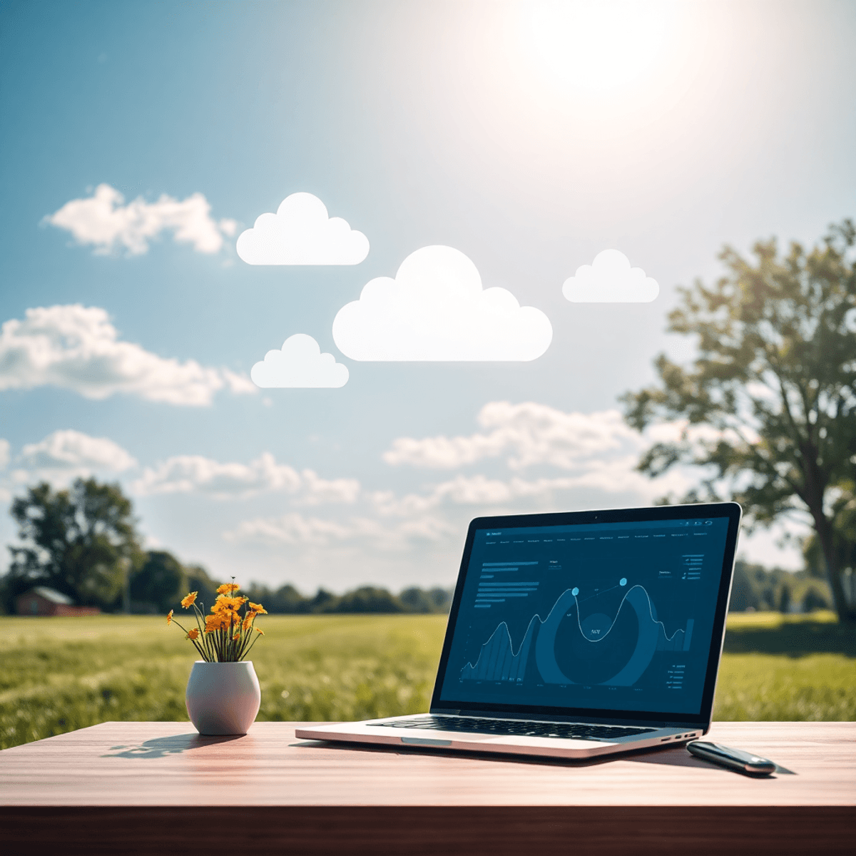 Outdoor workspace with laptop displaying digital graphs and floating cloud icons under a bright sky, symbolizing global connectivity and remote col...