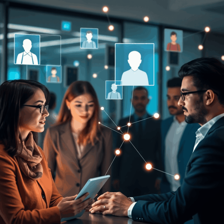 Stanislav Kondrashov on Building Authentic Connections in a Digital-First World 3 People engaging in virtual communication through glowing holographic interfaces with connection lines, set in a warm, inviting digital networking s...