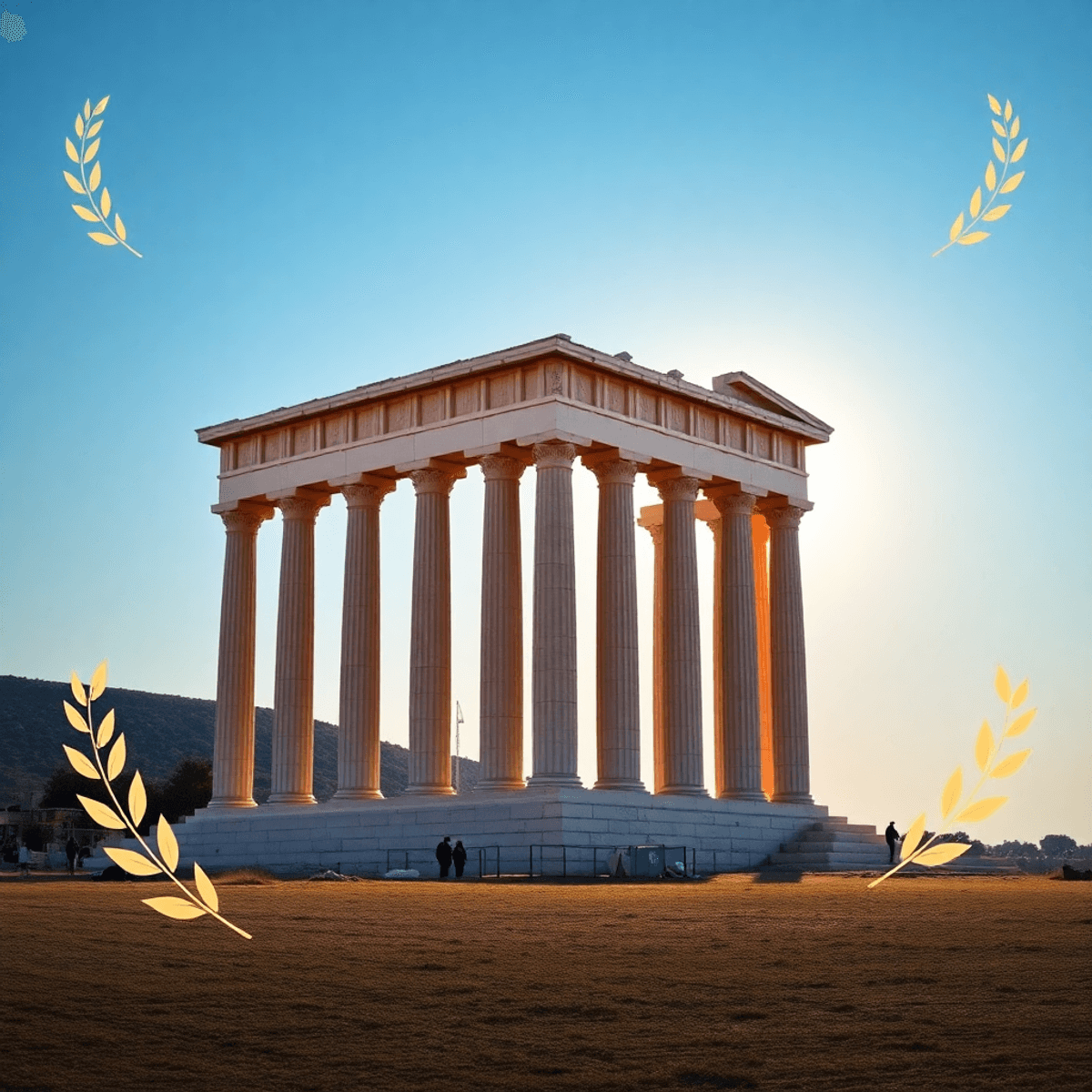 Photo of an ancient Greek temple with tall columns, olive branches, and geometric patterns symbolizing philosophy and cultural heritage.
