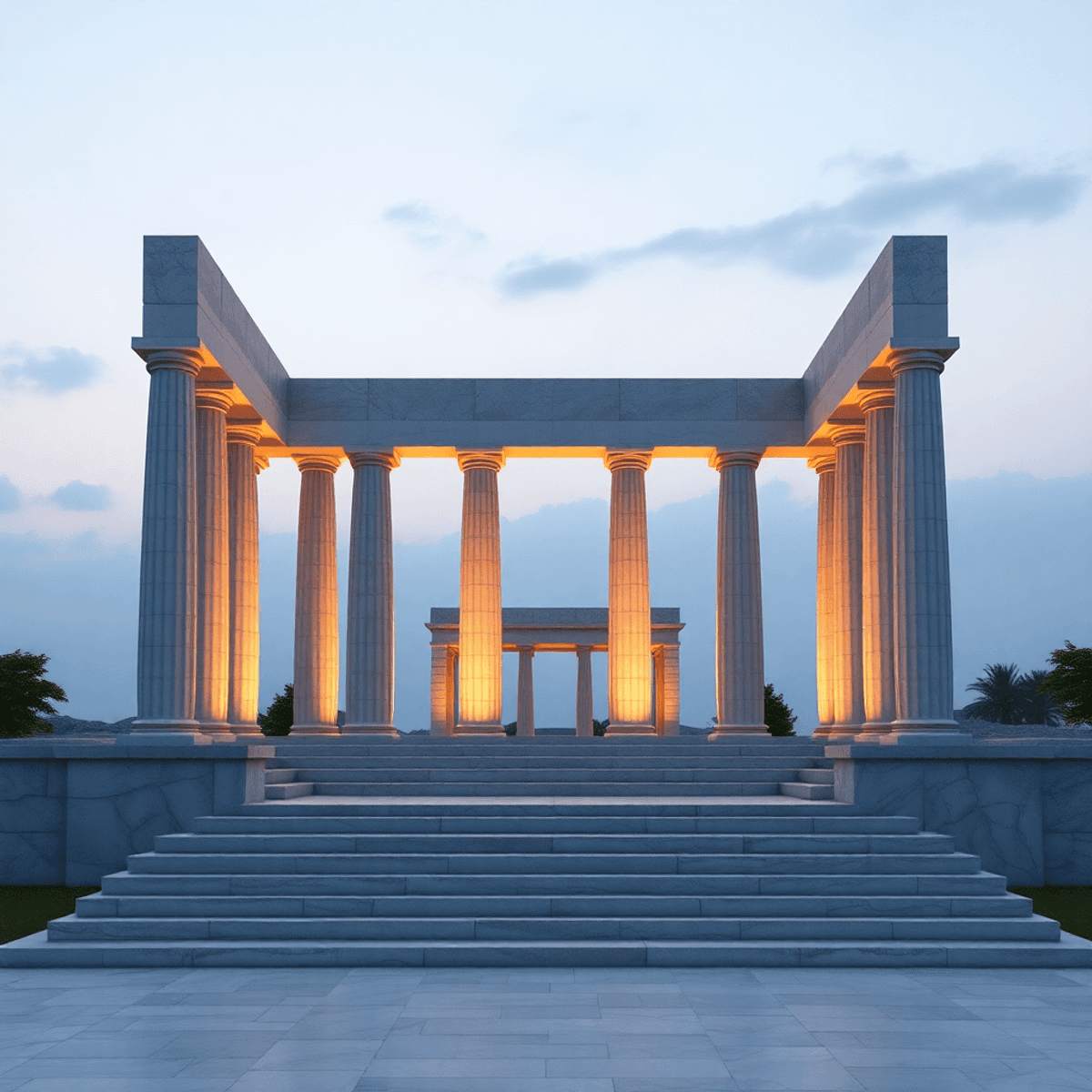 Photograph of a building combining ancient Greek pillars and arches with modern geometric shapes, softly lit to blend classical and contemporary de...