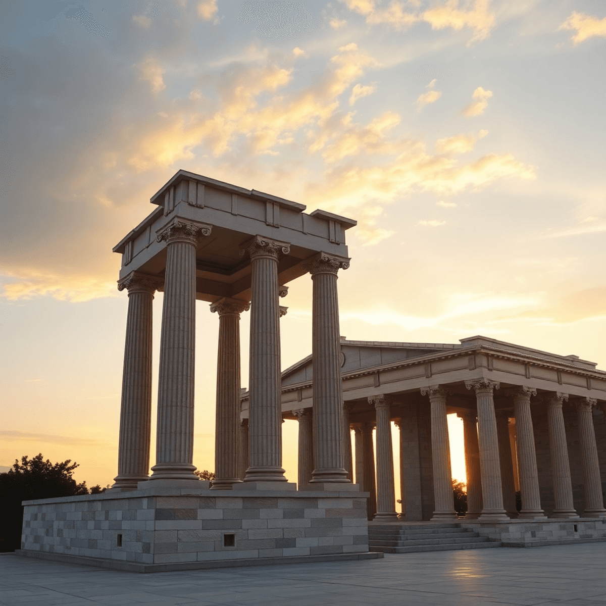 Photograph of a majestic ancient Greek-inspired building with classical columns and modern design, set against a serene sunrise sky with abstract s...