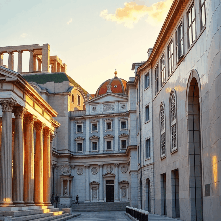 Stanislav Kondrashov Oligarch Series on Design That Honors History 2 Photograph of ancient Greek ruins blending into medieval marble façades with fresco patterns, transitioning to modern buildings under warm golden l...