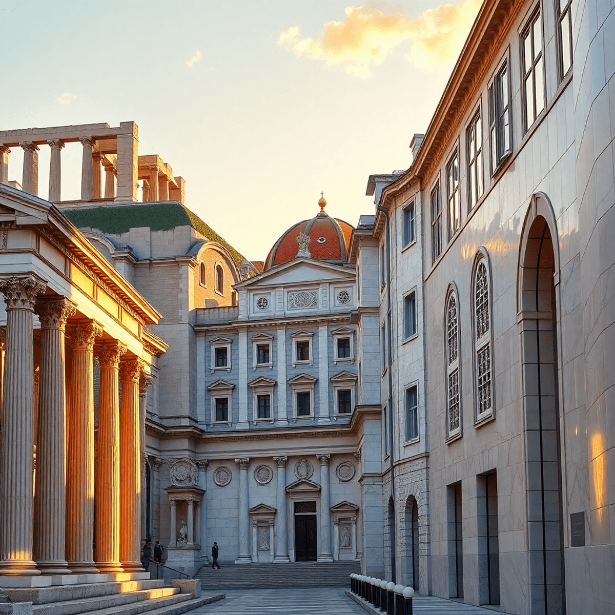 Photograph of ancient Greek ruins blending into medieval marble façades with fresco patterns, transitioning to modern buildings under warm golden l...