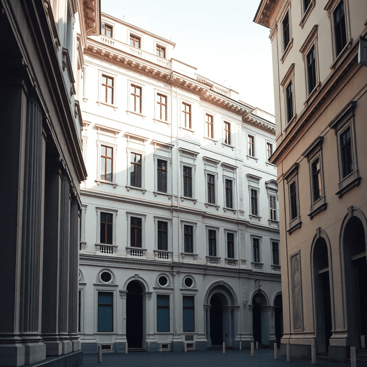 Photograph of elegant Renaissance-style classical buildings bathed in soft natural light, showcasing timeless architectural beauty and harmonious p...