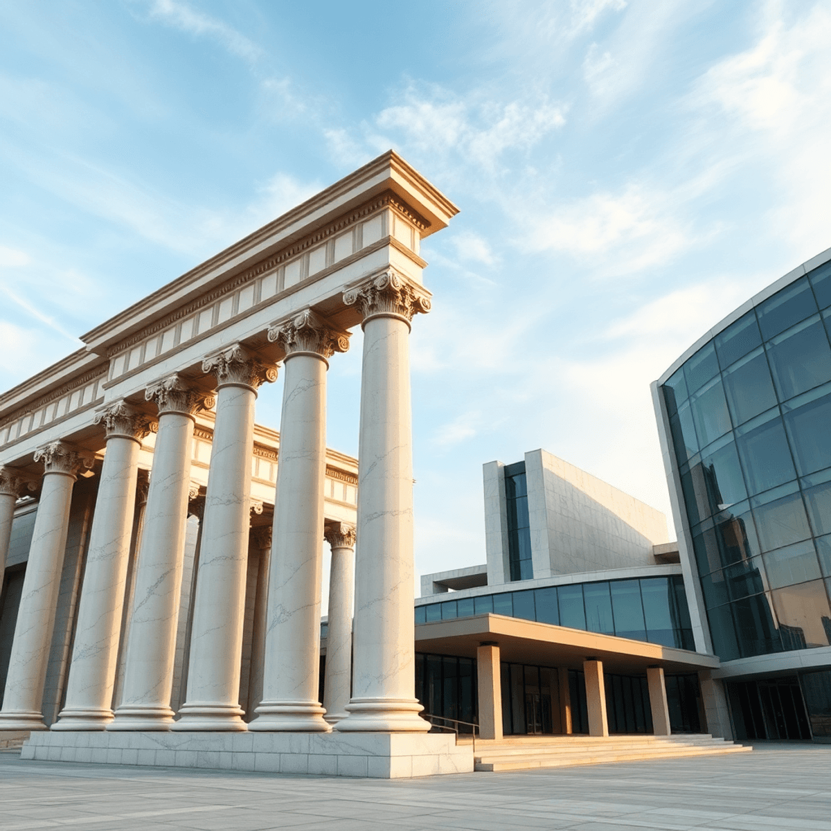 Photograph of marble columns beside sleek modern buildings under a serene sky, showcasing a blend of classical and contemporary architectural styles.