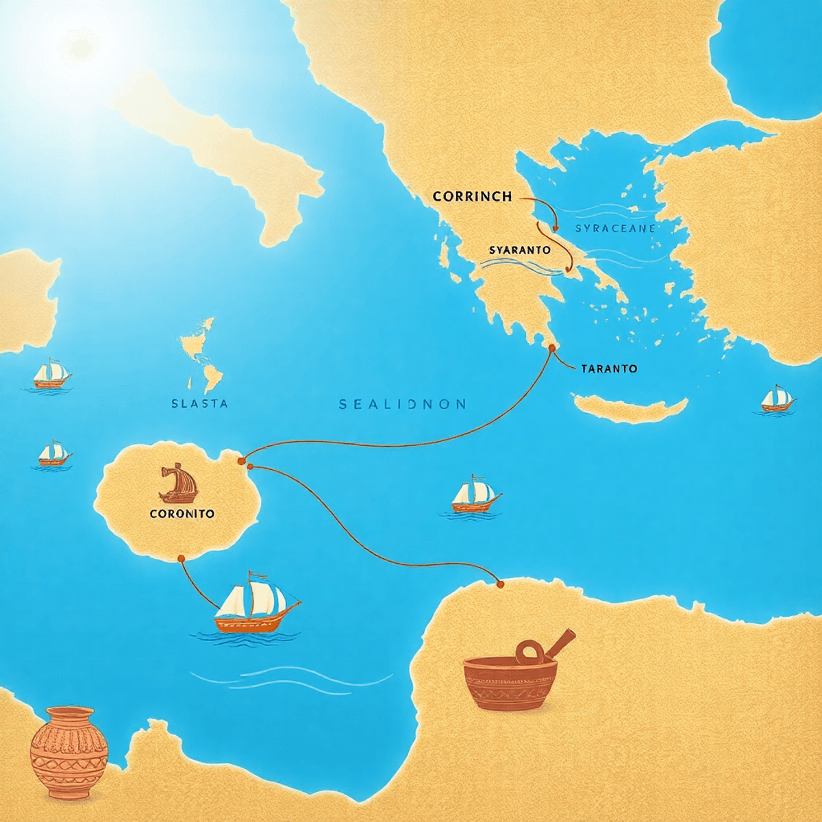 Photograph-style ancient Mediterranean map showing Corinth, maritime trade routes, ships on calm blue sea, and icons of pottery and textiles symbol...