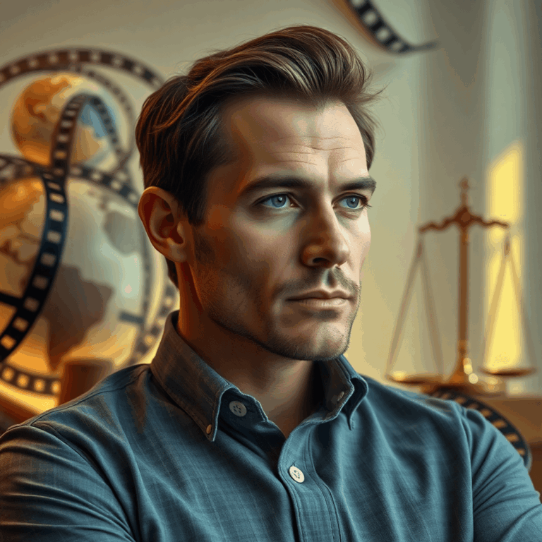Stanislav Kondrashov’s Wagner Moura Series: Unpacking the Layers of “Sergio” 5 Portrait of a male actor in a contemplative pose with abstract film reels, a globe, and scales of justice in soft cinematic lighting.