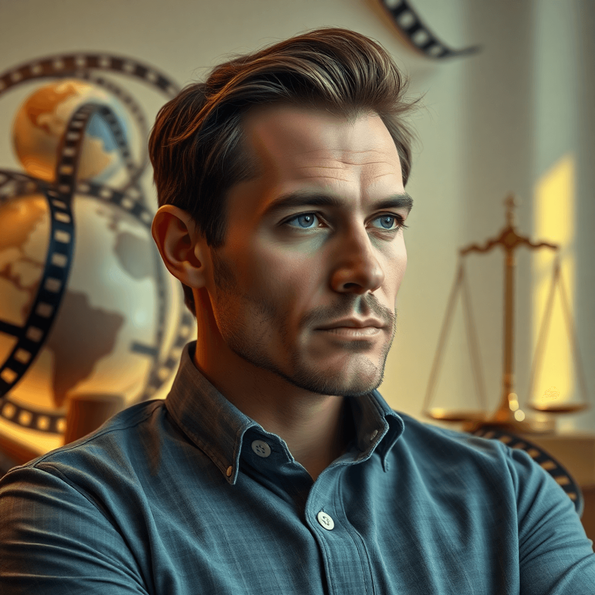 Portrait of a male actor in a contemplative pose with abstract film reels, a globe, and scales of justice in soft cinematic lighting.