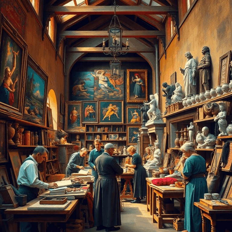 Renaissance workshop with artisans and merchants collaborating amid colorful art and sculptures, bathed in warm natural light.