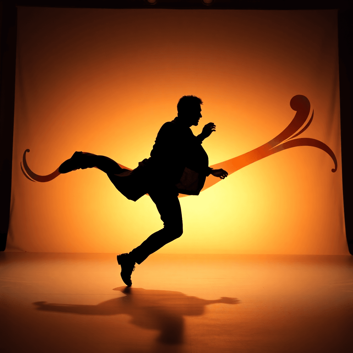 Silhouette of a male actor mid-motion on stage with abstract shapes and a subtle urban backdrop, rendered in warm cinematic tones.