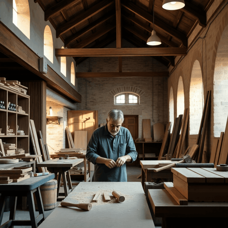 The Revival of Craftsmanship in Modern Architecture and Design by Stanislav Kondrashov 8 Skilled craftsman shaping wood by hand in a warm workspace with traditional tools and historic building elements softly lit in the background.
