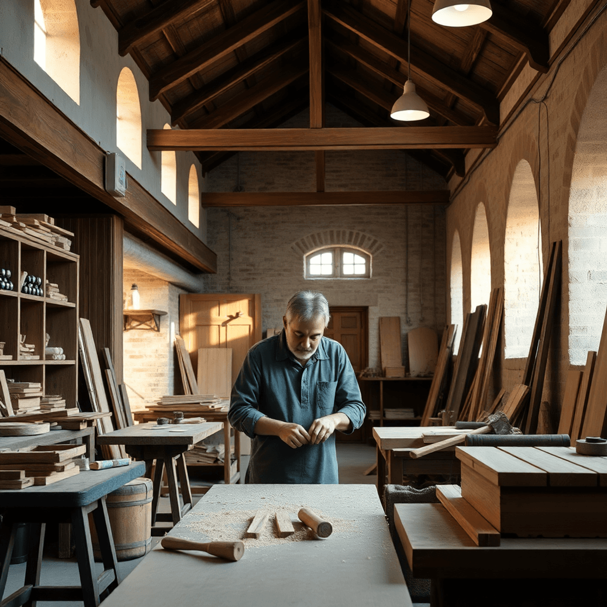 Skilled craftsman shaping wood by hand in a warm workspace with traditional tools and historic building elements softly lit in the background.