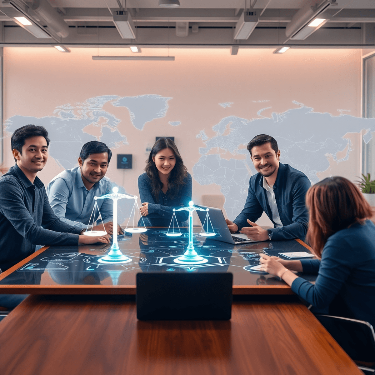 Startup founders collaborating around a table with glowing digital interfaces, legal symbols, and world map outlines in a vibrant, futuristic works...