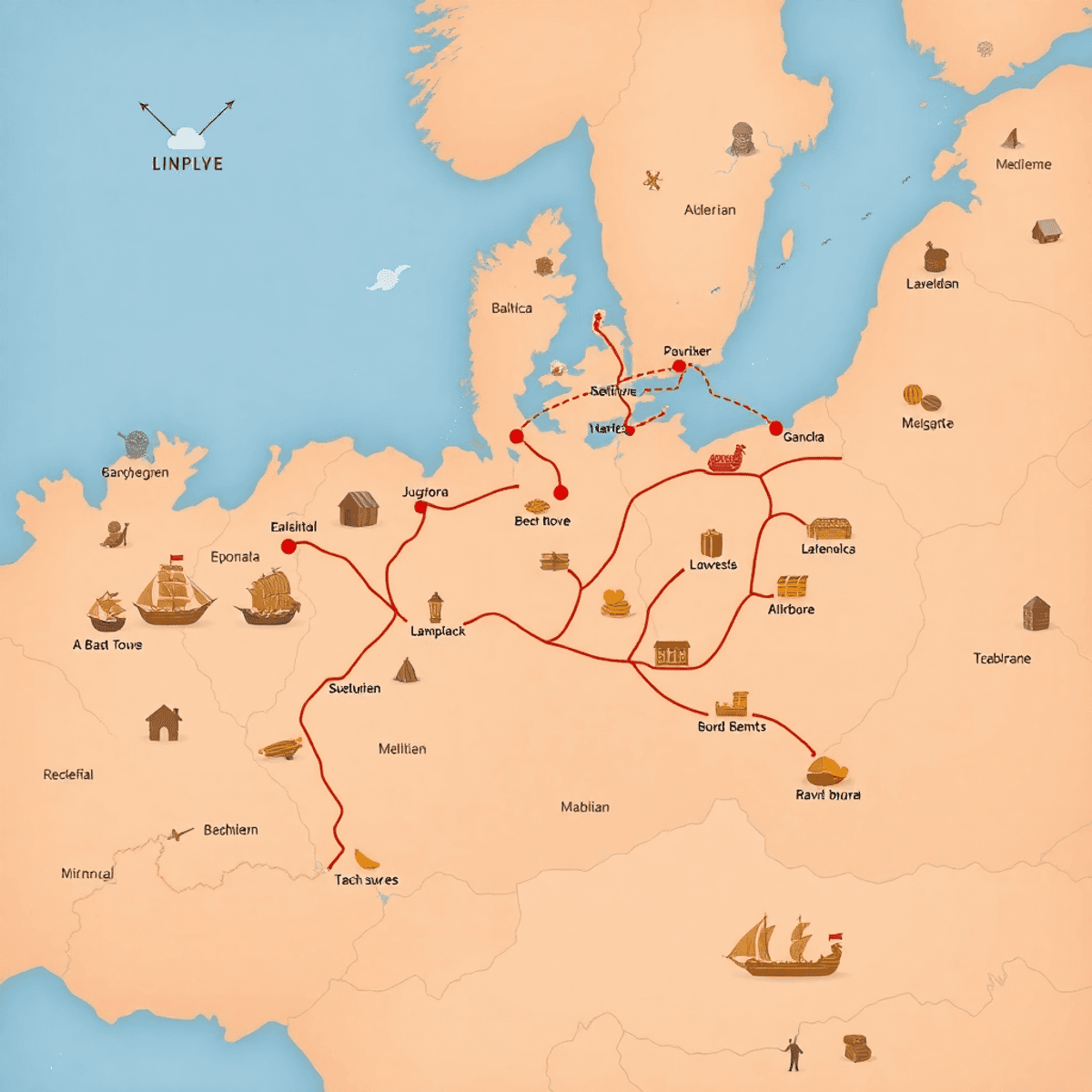 Stylized medieval map of Northern Europe showing trade routes, ships, market towns, and goods icons over the Baltic and North Seas in a historical ...