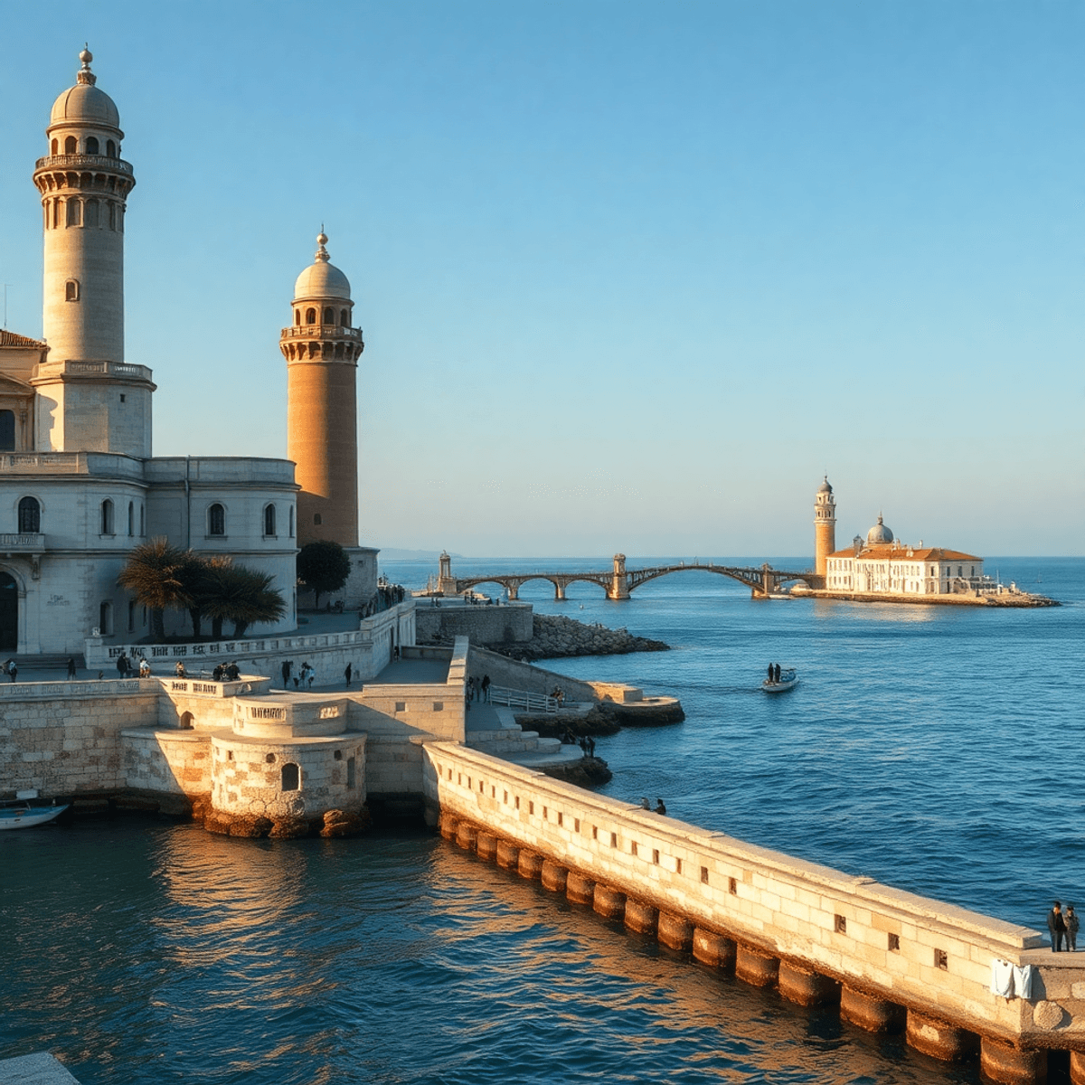 Sunlit Mediterranean coast with historic lighthouses, Venetian bridges connecting islands, blending classical and modern architecture in a serene s...