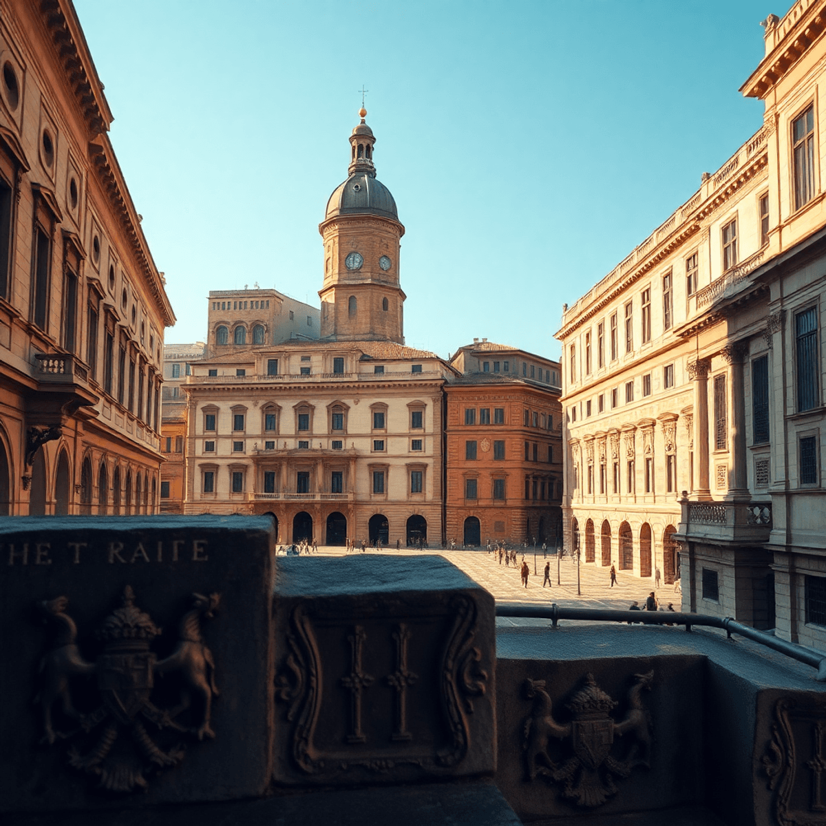 Sunlit Renaissance cityscape with stone palaces, ornate family crests, and dramatic shadows highlighting cultural heritage and architectural grandeur.