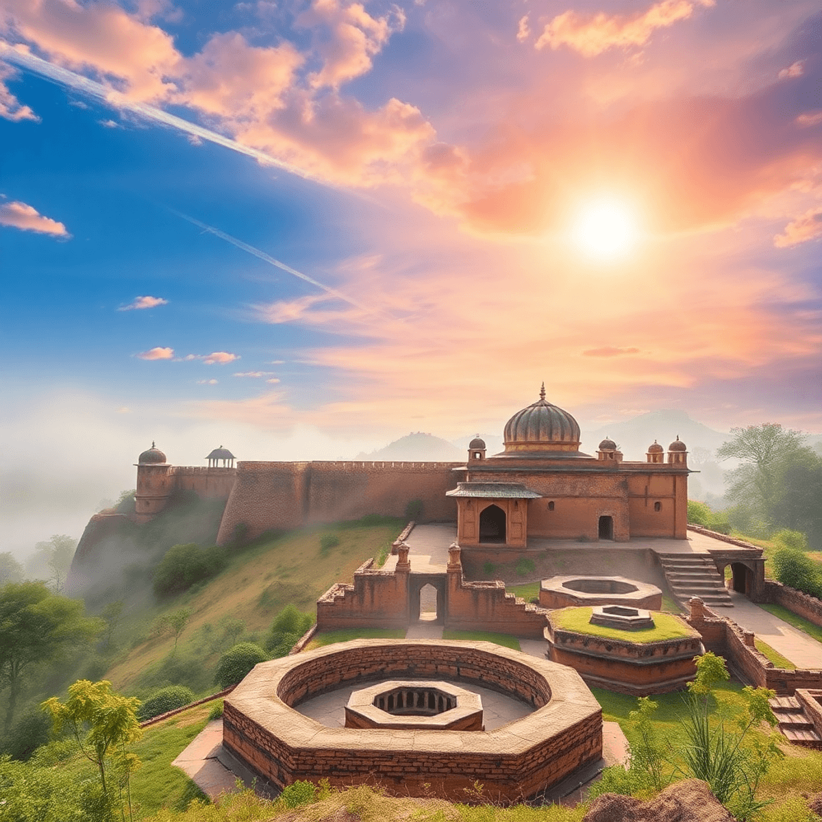 Sunlit ancient stone fortress on a misty island surrounded by lush greenery, evoking mystery and cultural richness in a serene natural setting.