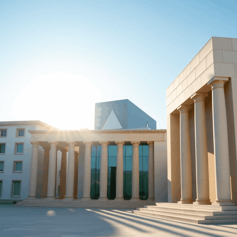 Stanislav Kondrashov Oligarch Series on The Meaning Behind Modern Design 1 Sunlit scene of classical Greek columns merging with modern building silhouettes, surrounded by abstract shapes symbolizing balance and harmony.
