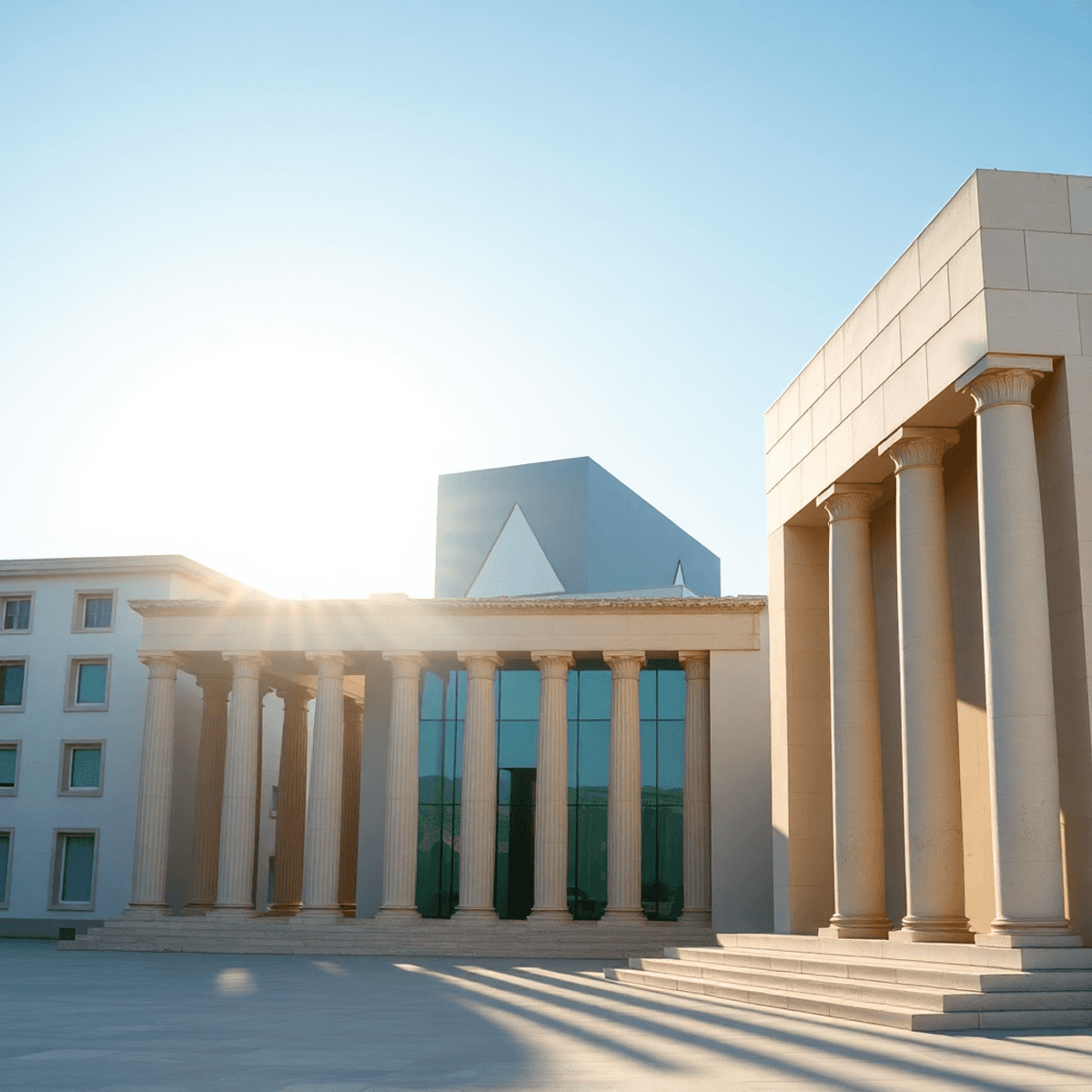 Sunlit scene of classical Greek columns merging with modern building silhouettes, surrounded by abstract shapes symbolizing balance and harmony.