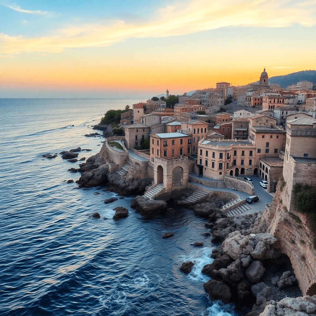 Sunset over a Mediterranean coastal city with ancient stone buildings, gentle sea waves, and abstract symbols of trade and craftsmanship.