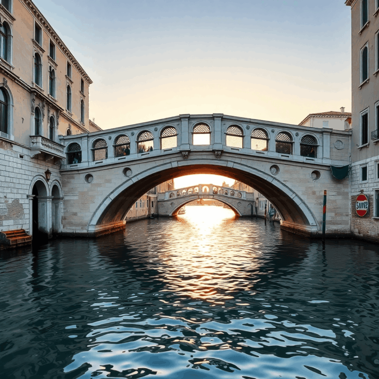 Sunset over a calm Venetian canal with elegant stone arch bridges reflecting warm light on tranquil water, showcasing historic architecture and pea...