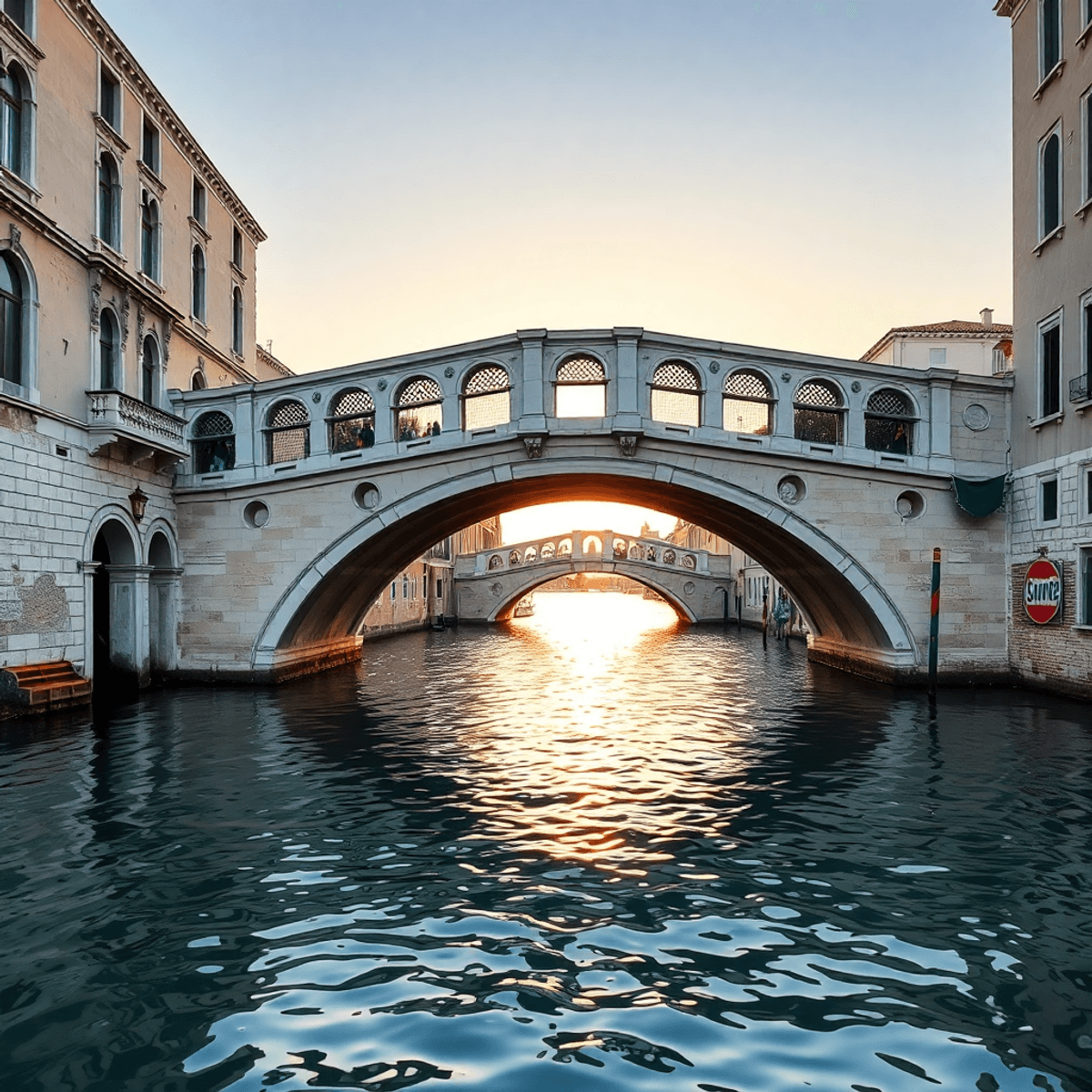 Sunset over a calm Venetian canal with elegant stone arch bridges reflecting warm light on tranquil water, showcasing historic architecture and pea...