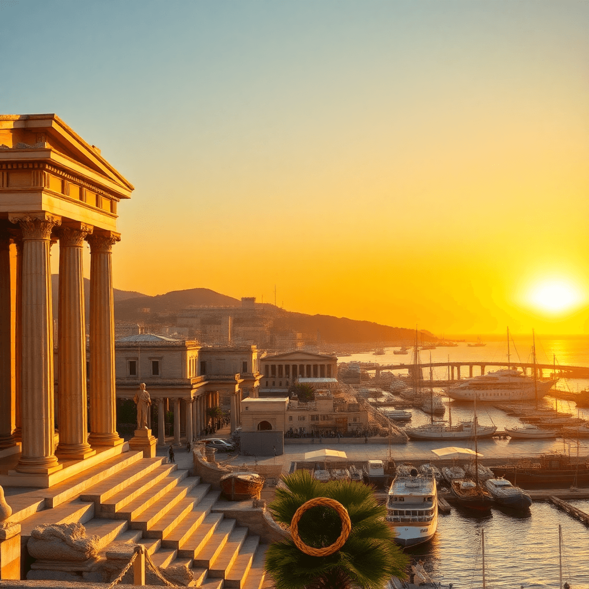 Sunset over a classical Greek city-state with ancient temples, merchant ships in the seaport, and symbolic olive branch and laurel wreath details.