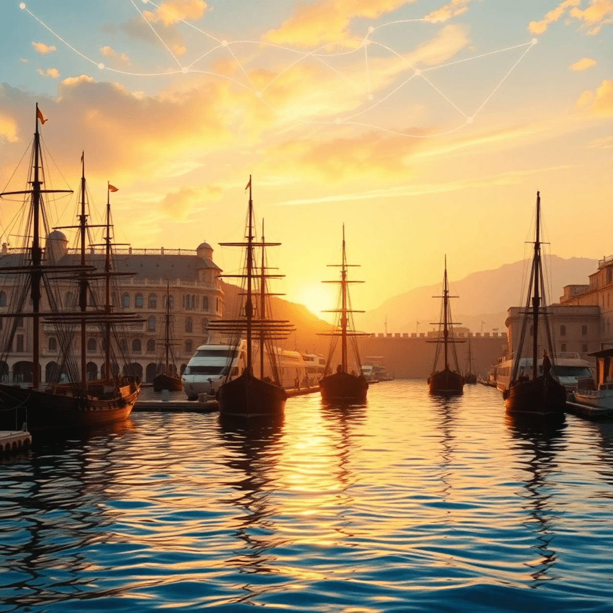 Sunset over a medieval Mediterranean harbor with tall ships, bustling stone piers, grand merchant houses, and golden water reflecting trade and pro...