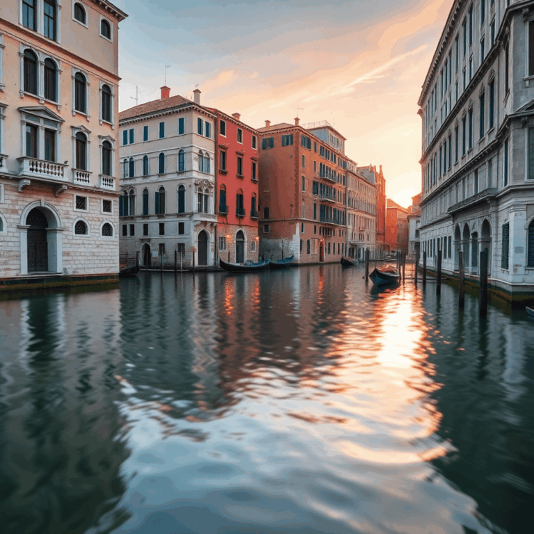 Sunset over a tranquil Venetian canal with historic stone buildings reflecting softly on calm water, evoking peace and timeless balance.