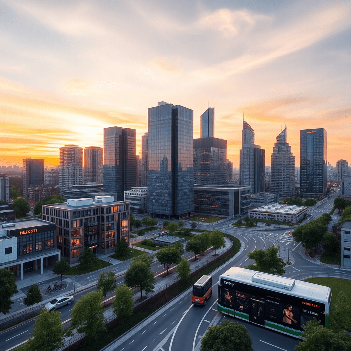 Sunset view of a vibrant micro-city skyline with sleek buildings, green spaces, and electric buses and bicycles highlighting sustainable urban growth.