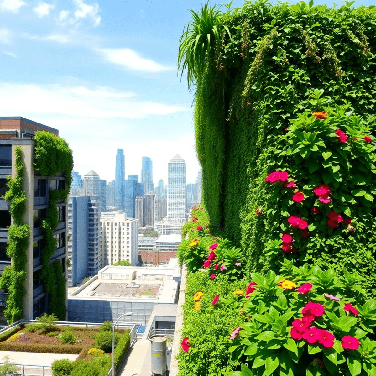 Urban rooftop garden with lush plants and flowers, city skyline in the background under a clear blue sky, blending nature and modern architecture.