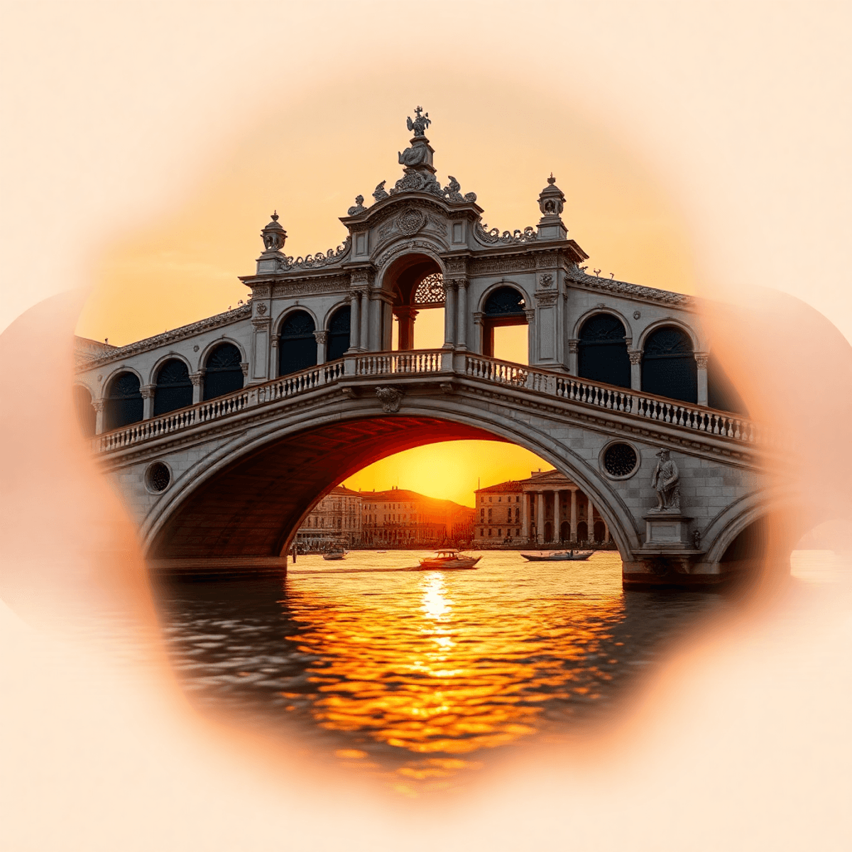 Venetian bridge at sunset with golden light reflecting on water, elegant architectural details, and soft glowing shapes symbolizing art and heritage.
