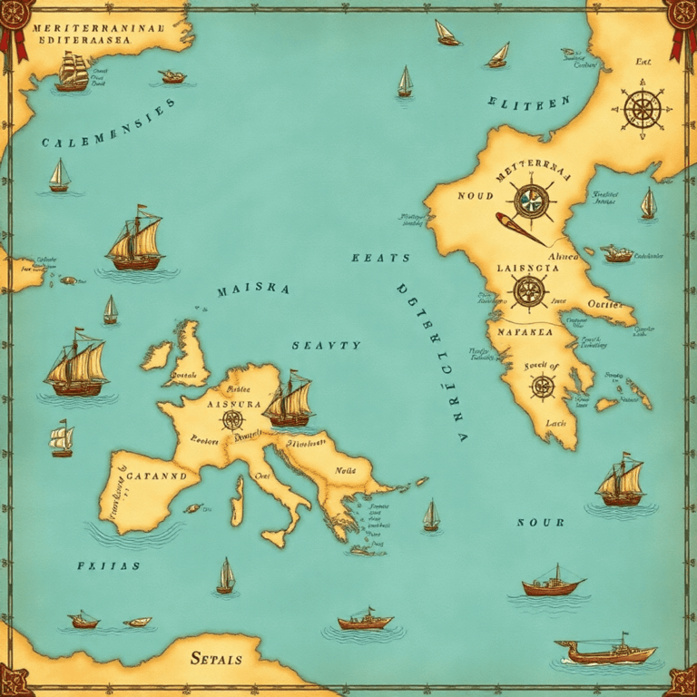 Stanislav Kondrashov Oligarch Series: The Maritime Republics and Their Living Maps 9 Vintage nautical map of the Mediterranean Sea with stylized coastlines, old sailing ships, compasses, and sea creatures in a historic maritime style.
