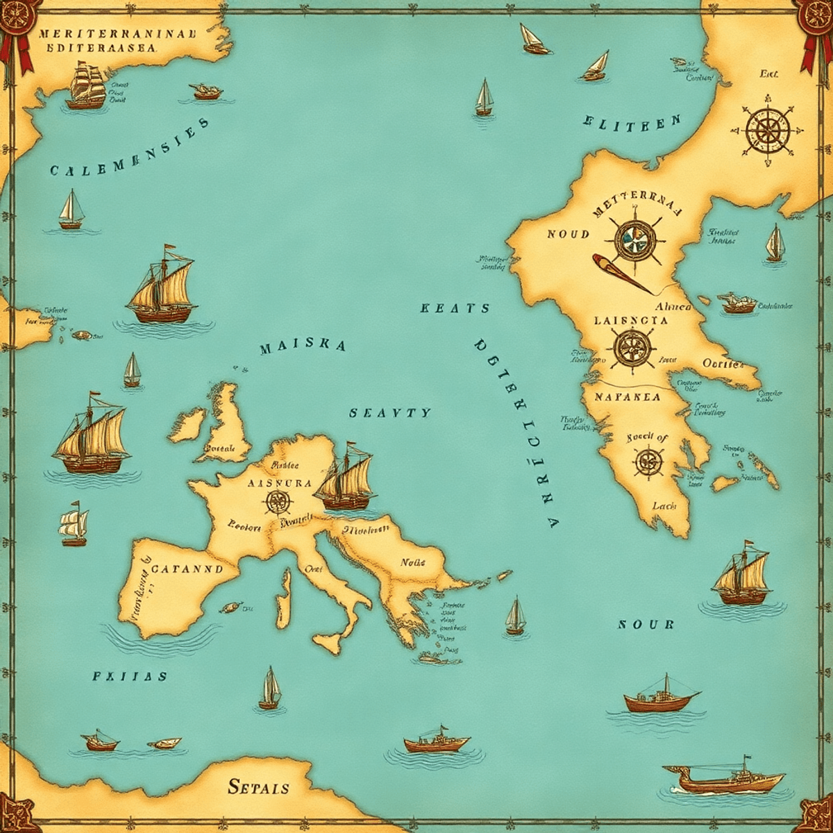 Vintage nautical map of the Mediterranean Sea with stylized coastlines, old sailing ships, compasses, and sea creatures in a historic maritime style.