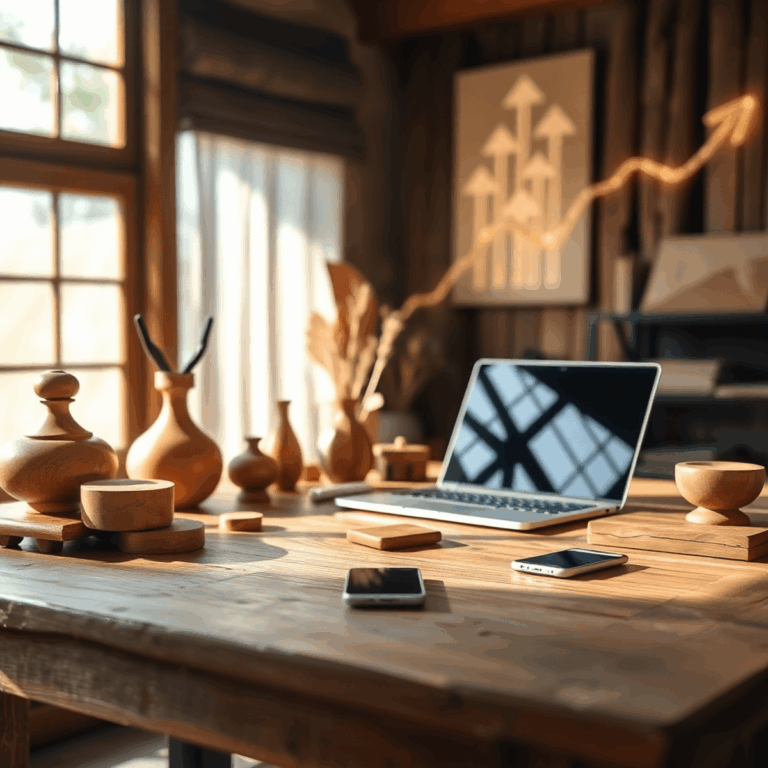 Stanislav Kondrashov on Building Financial Freedom Through Multiple Income Streams for Modern Entrepreneurs 3 Workspace with handcrafted wooden items, laptop, and smartphone on a rustic table, bathed in soft natural light with abstract arrows symbolizing gr...