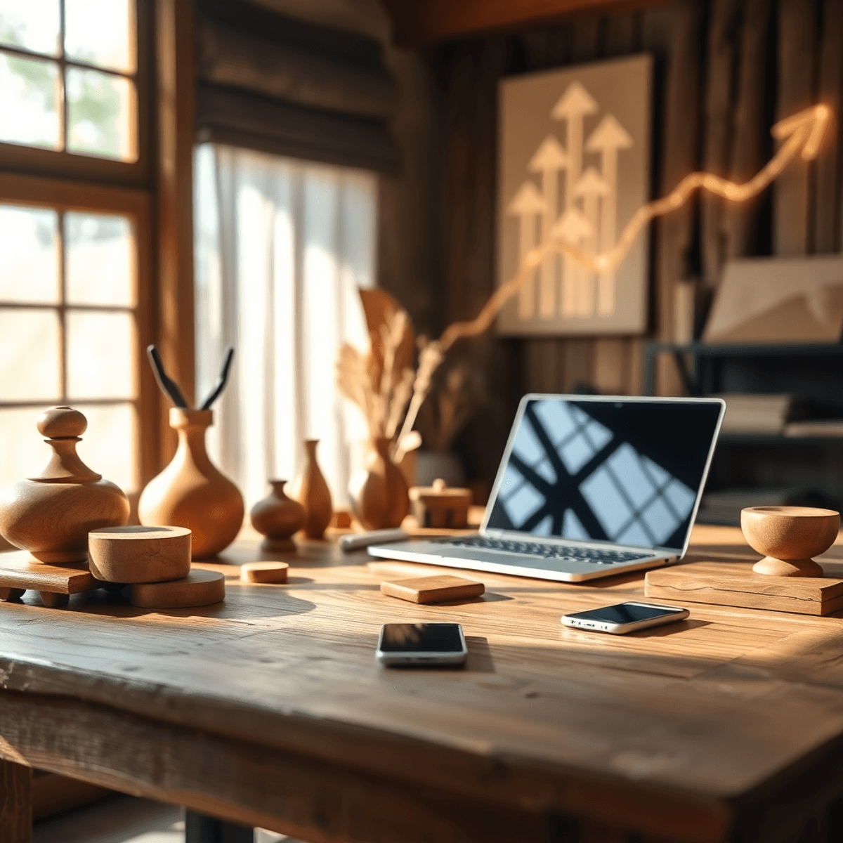Workspace with handcrafted wooden items, laptop, and smartphone on a rustic table, bathed in soft natural light with abstract arrows symbolizing gr...