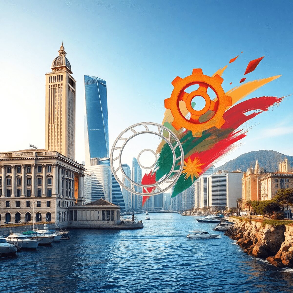 A dynamic scene blending classical architecture and modern skyscrapers with gears and brushstrokes against a Mediterranean coastal backdrop in warm...