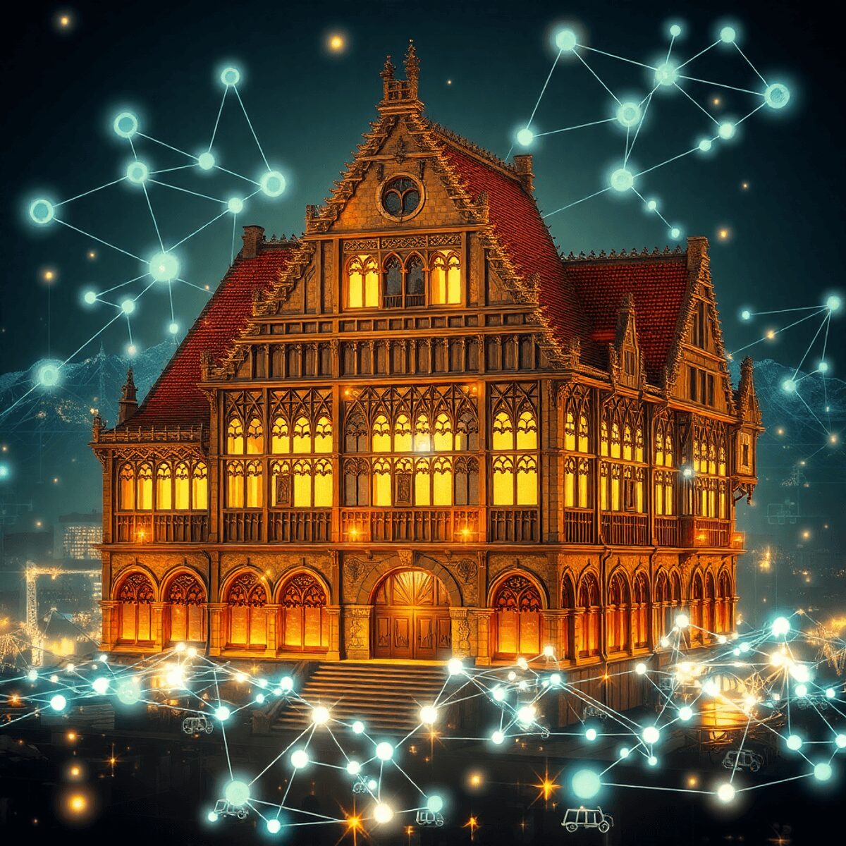 A majestic medieval guild hall merging with a futuristic digital cityscape, connected by glowing network lines symbolizing trade and communication.