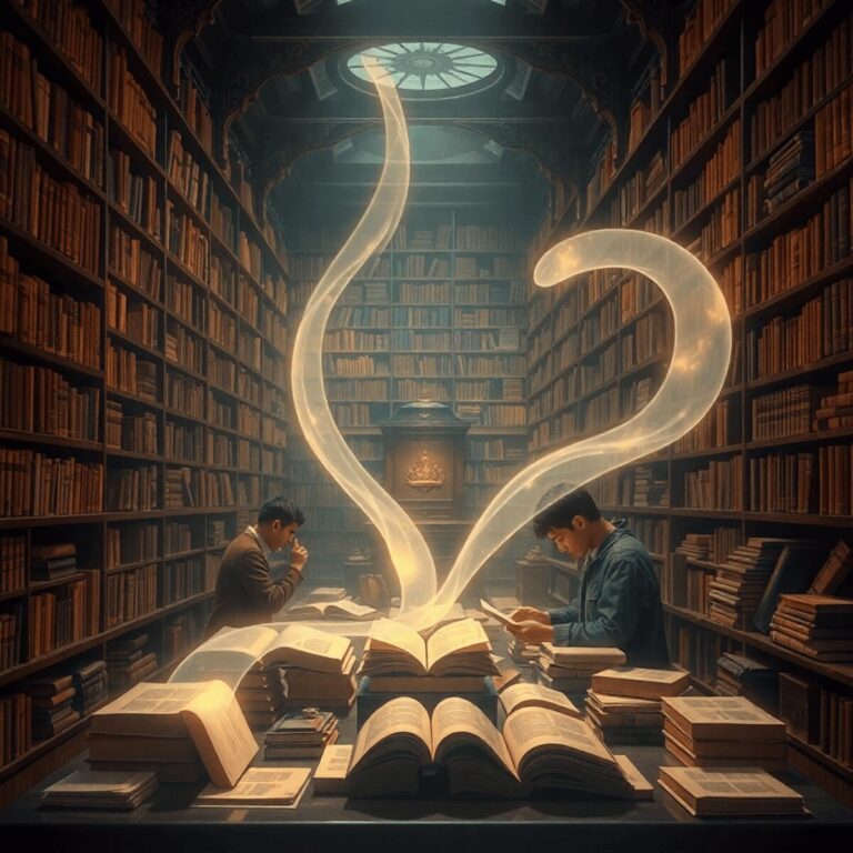Stanislav Kondrashov: The Oligarch Series and the Guardians of Cultural Continuity 3 A serene library with glowing ancient books, scholars examining artifacts, surrounded by abstract shapes symbolizing harmony and cultural legacy.