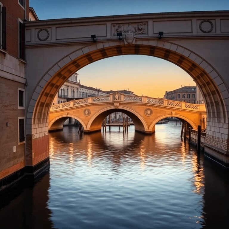 A tranquil Venetian canal at dusk with stone bridges, warm lights, intricate architecture, and gentle reflections on calm water creating a peaceful...