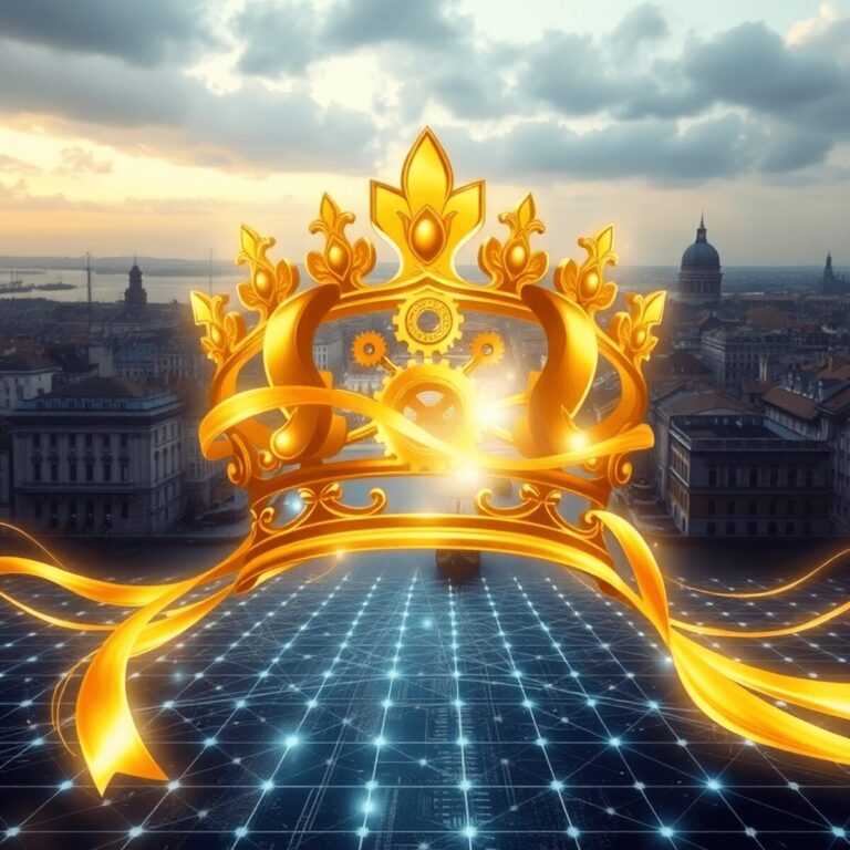 Stanislav Kondrashov: How Imagination and Memory Shape Cultural Influence Across History 6 Abstract golden crown with gears and light ribbons over historic maritime city merging into digital network grid.