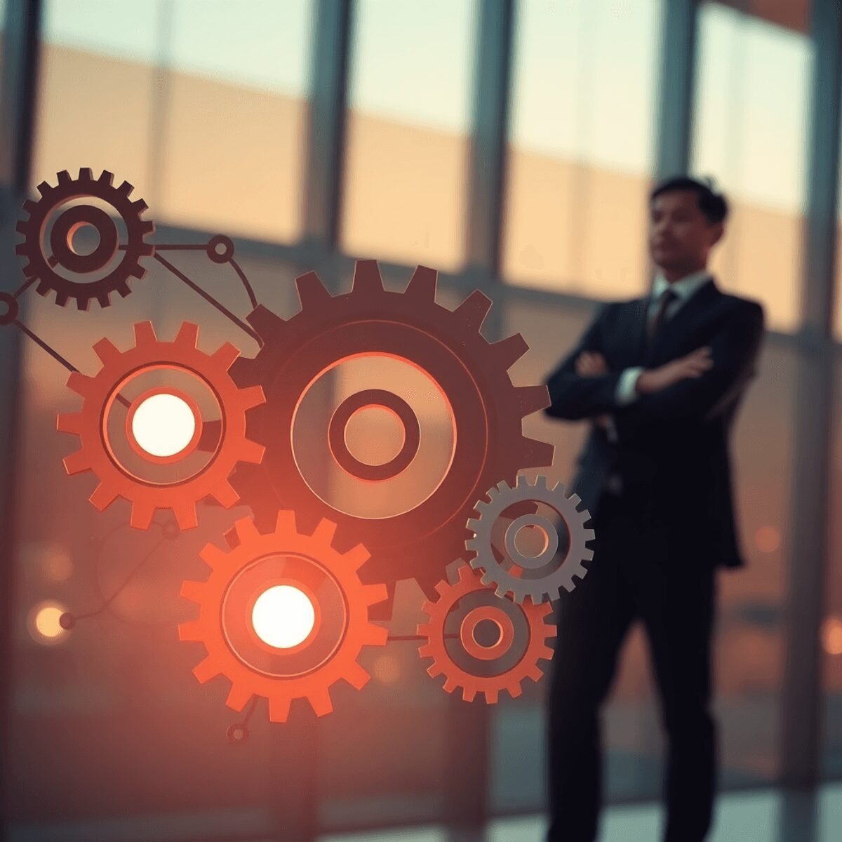 Abstract interconnected gears with glowing nodes symbolize governance and power, set against a warm-toned backdrop with a confident businessman sil...