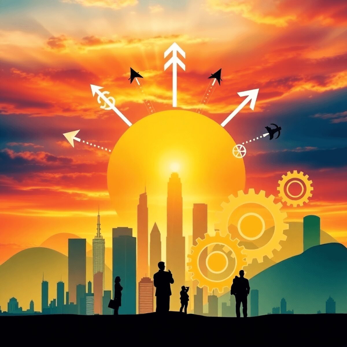 Abstract photo of a radiant sunrise over a city skyline with cultural motifs, arrows, gears, and silhouettes symbolizing ambition, leadership, inno...