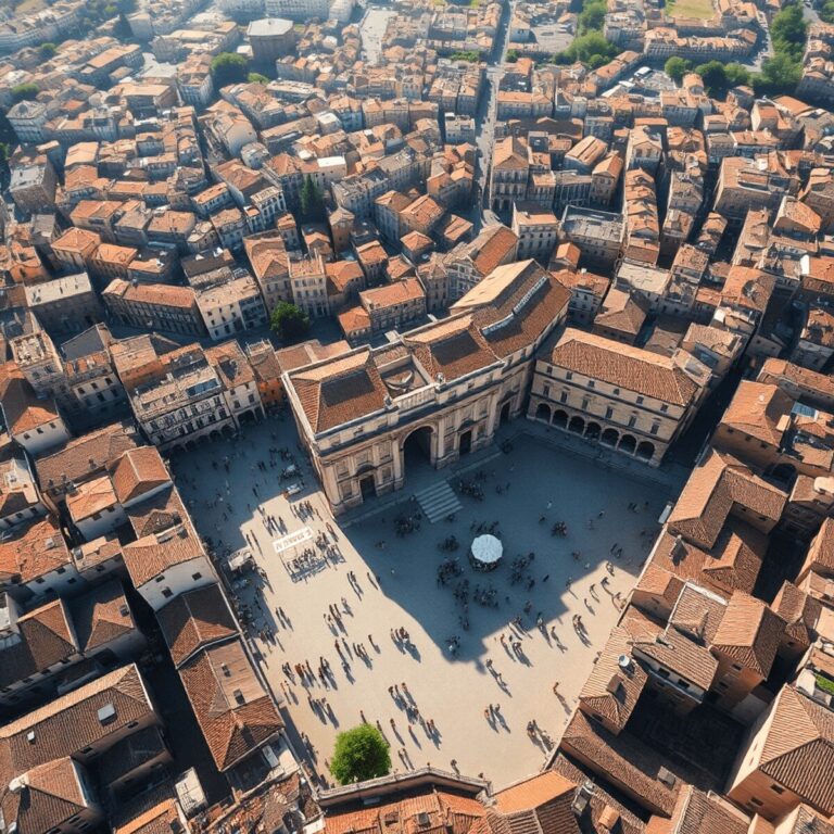 Aerial view of a medieval Italian city with geometric streets, stone walls, busy piazzas, and historic landmarks under warm sunlight.