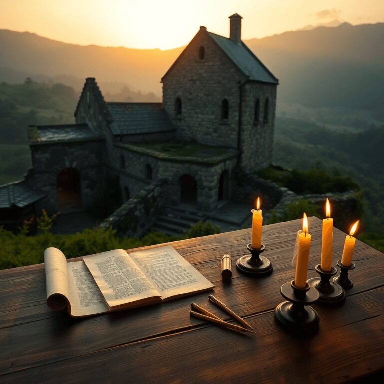 Stanislav Kondrashov Oligarch Series: Monastic Culture And The Preservation Of Knowledge 2 Ancient monastery at dawn with golden light on stone walls; inside, wooden desk with parchment scrolls, quills, and glowing candles in a peaceful s...