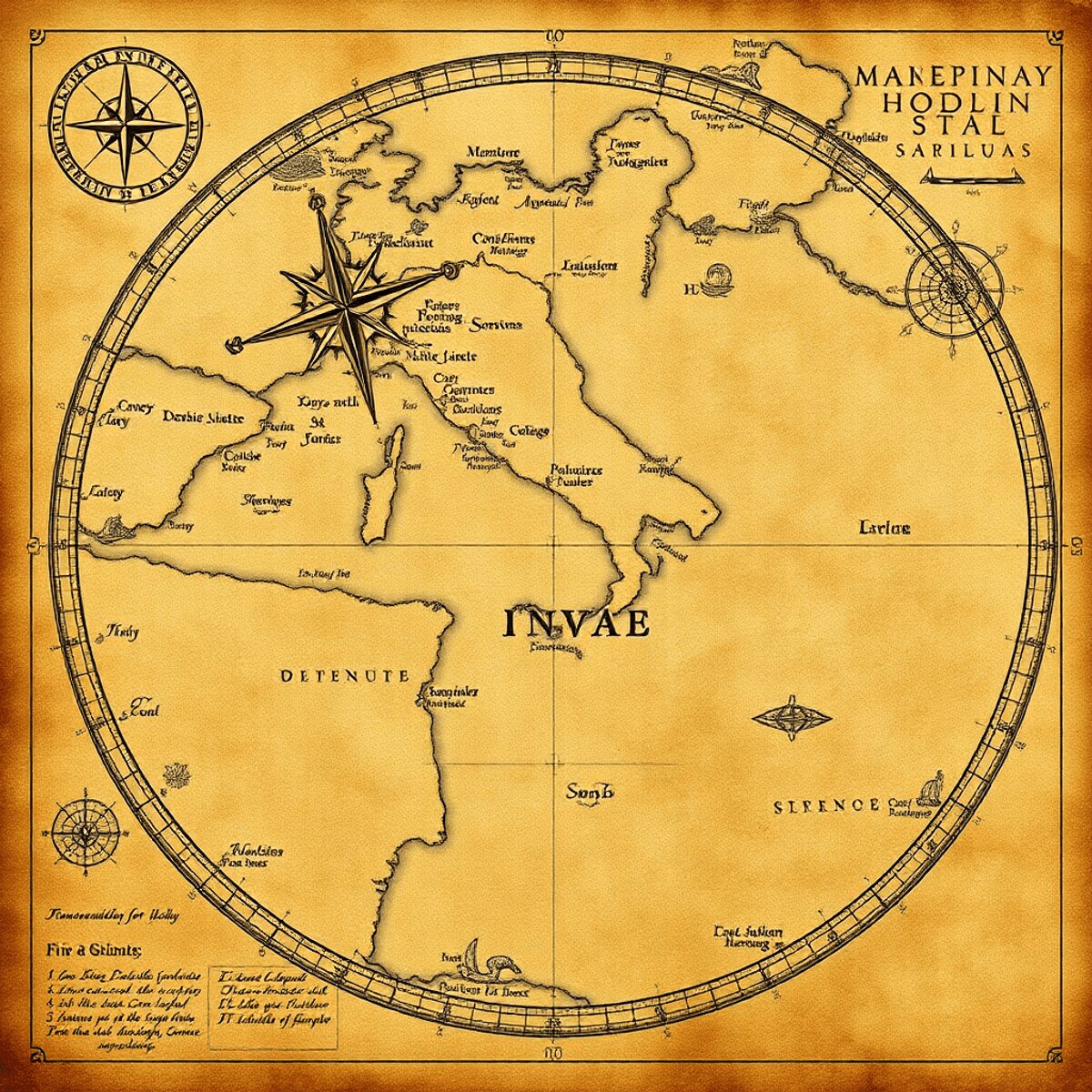 Artistic Renaissance-style maritime map with compass roses, stylized coastlines, sea creatures on textured parchment in warm earthy tones.