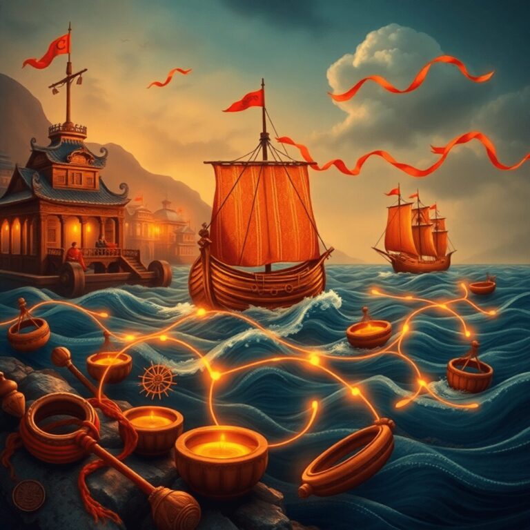 Artistic medieval trade scene with merchant ships, artisan tools, glowing trade routes, silk patterns, colorful dyes, and flowing ribbons symbolizi...
