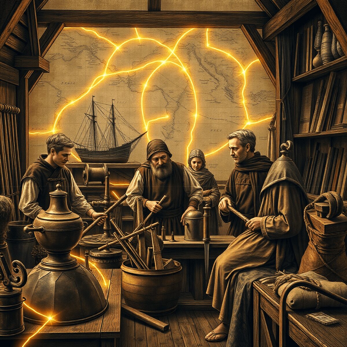 Artistic photo of medieval artisans crafting metalwork and textiles in a workshop, with glowing trade routes and ships over a map in warm tones.